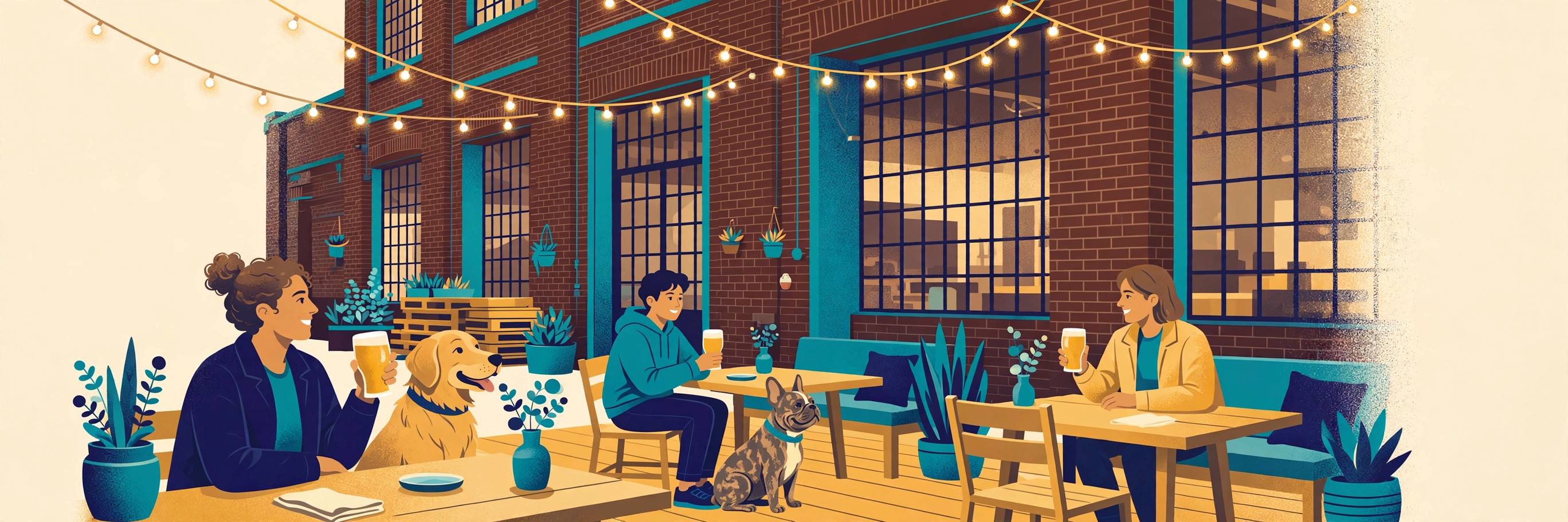 Illustration of dogs at an Alexandria brewery patio