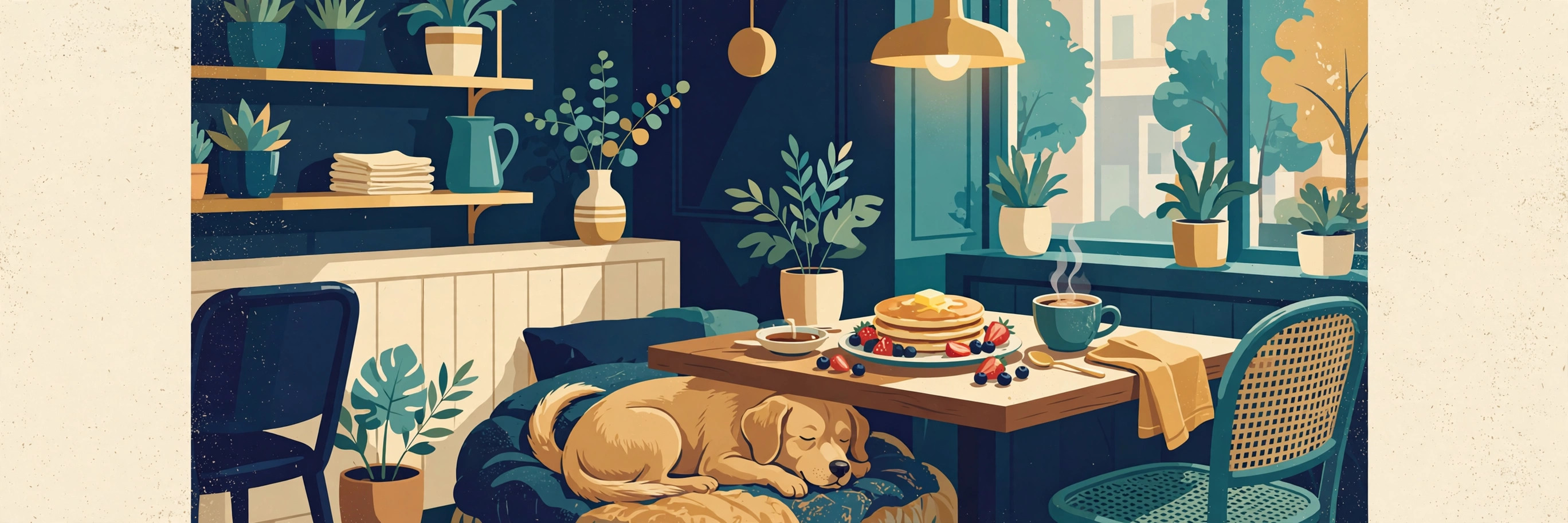 Illustration of a cozy brunch cafe with a dog under the table