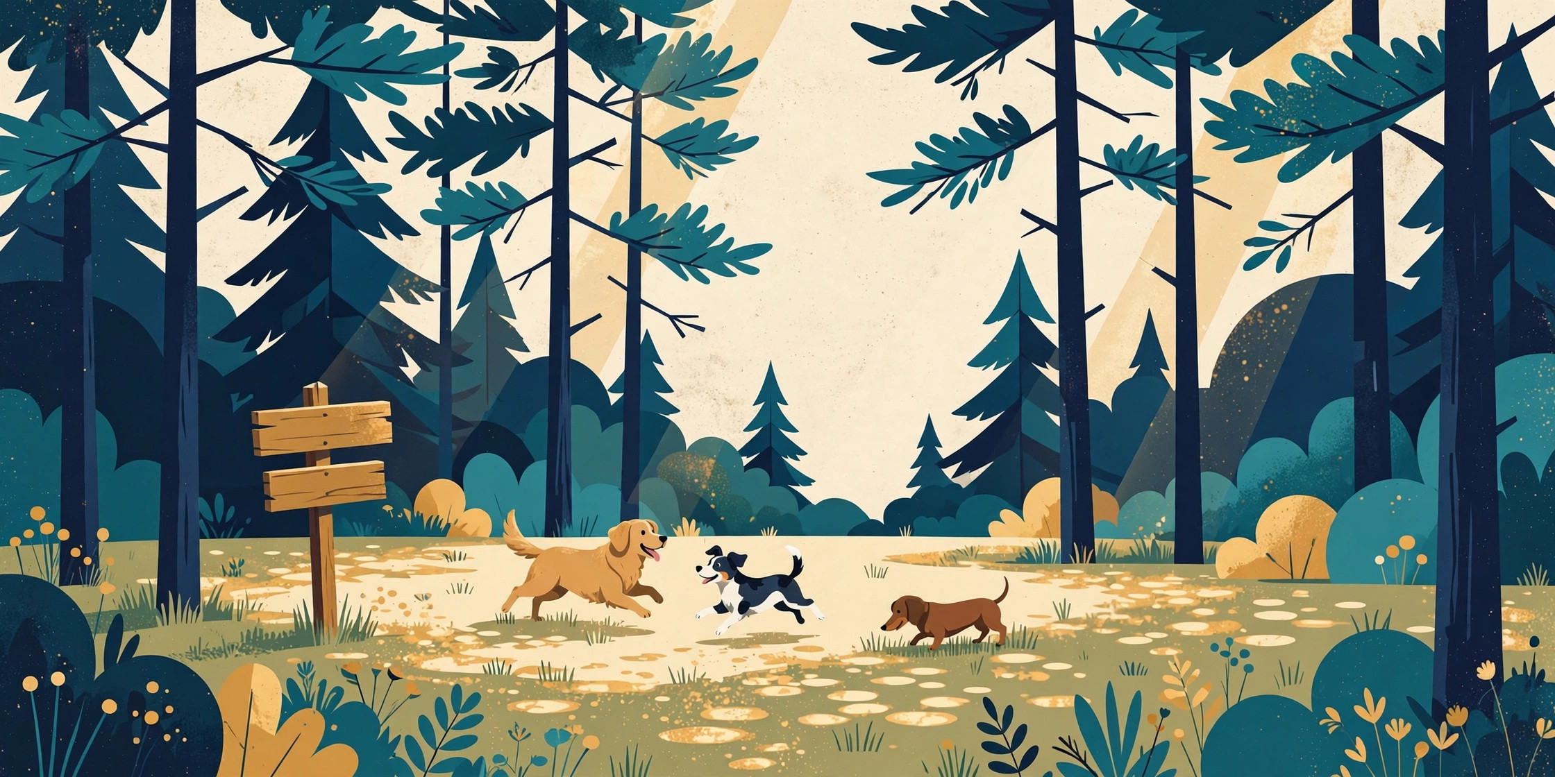 Illustration of dogs playing in a wooded Prince William park