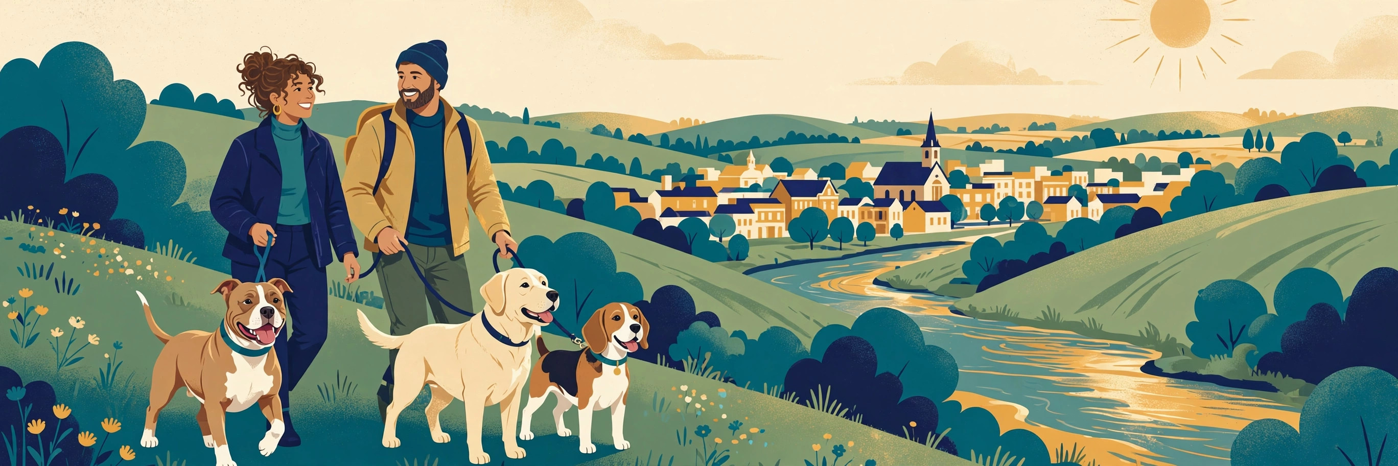 Illustration of dogs and their owners enjoying Northern Virginia