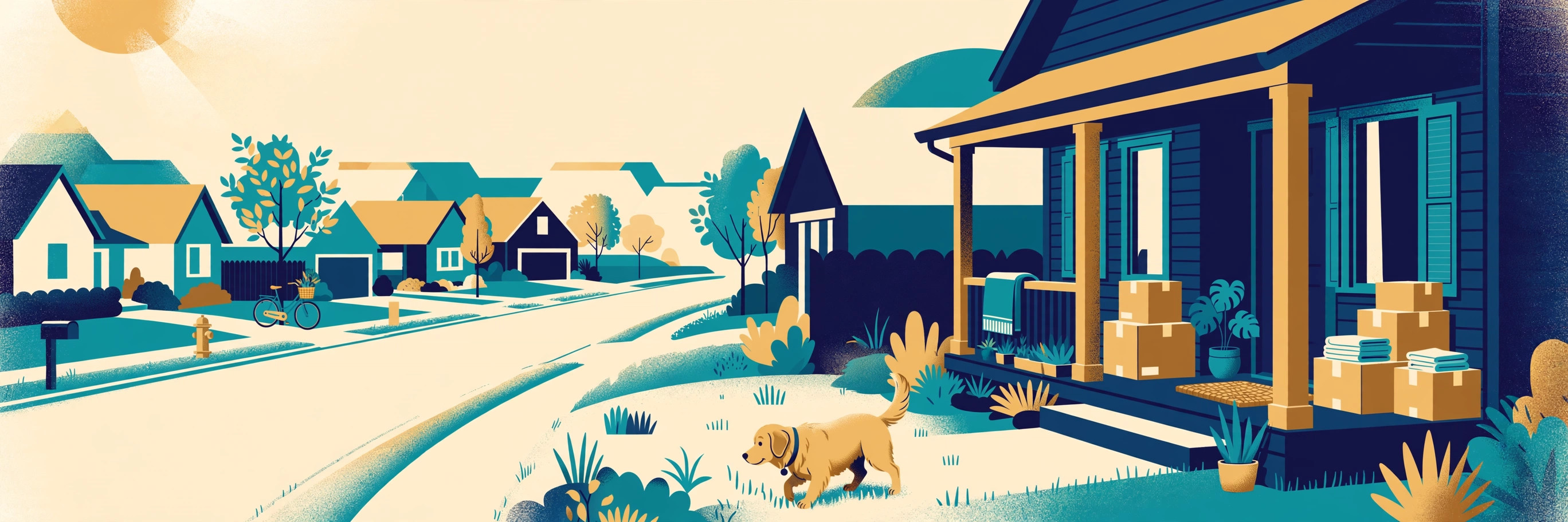 Illustration of a dog exploring a new home's front yard