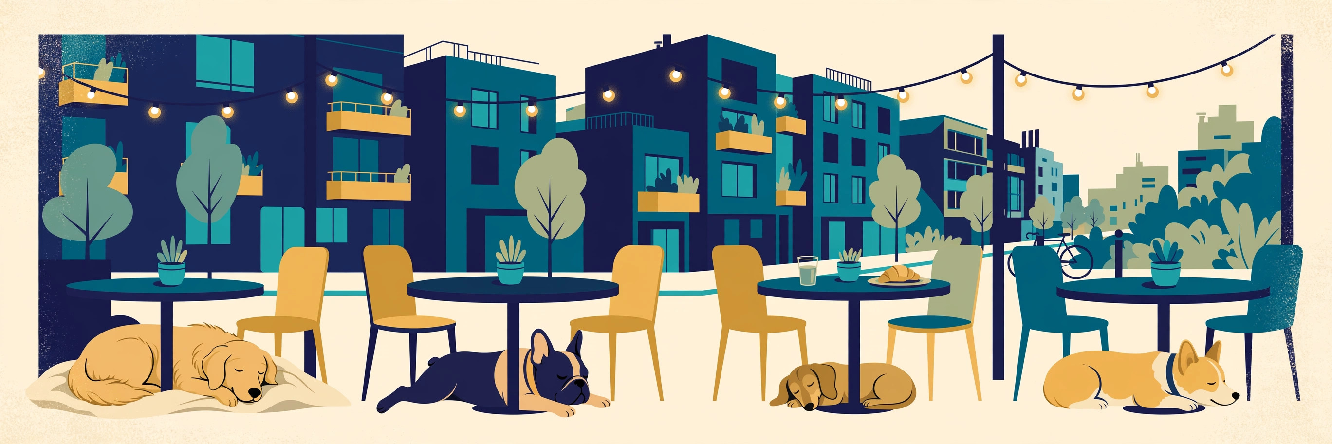 Illustration of dogs on an Arlington restaurant patio