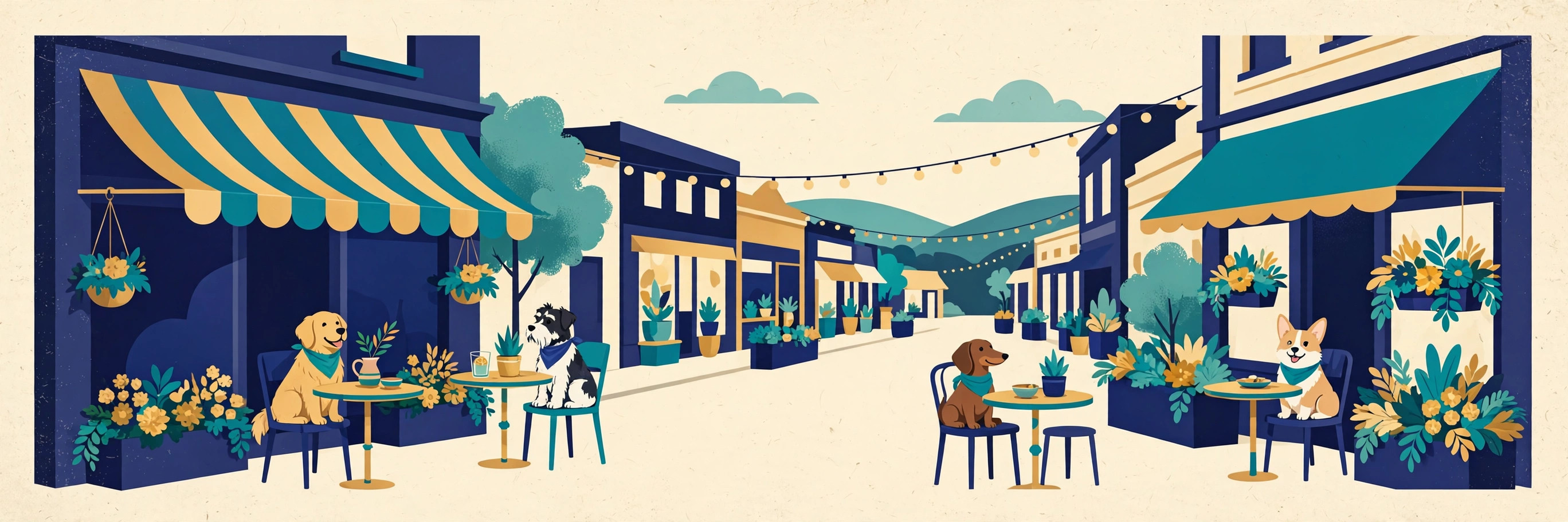 Illustration of dogs at outdoor tables in downtown Leesburg